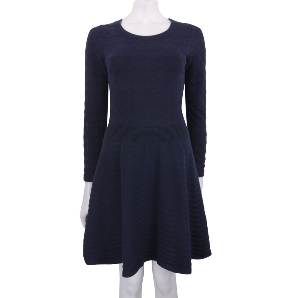 SANDRO PARIS Ricardo Chevron Textured Knit Long Sleeve Dress Size S Navy Blue